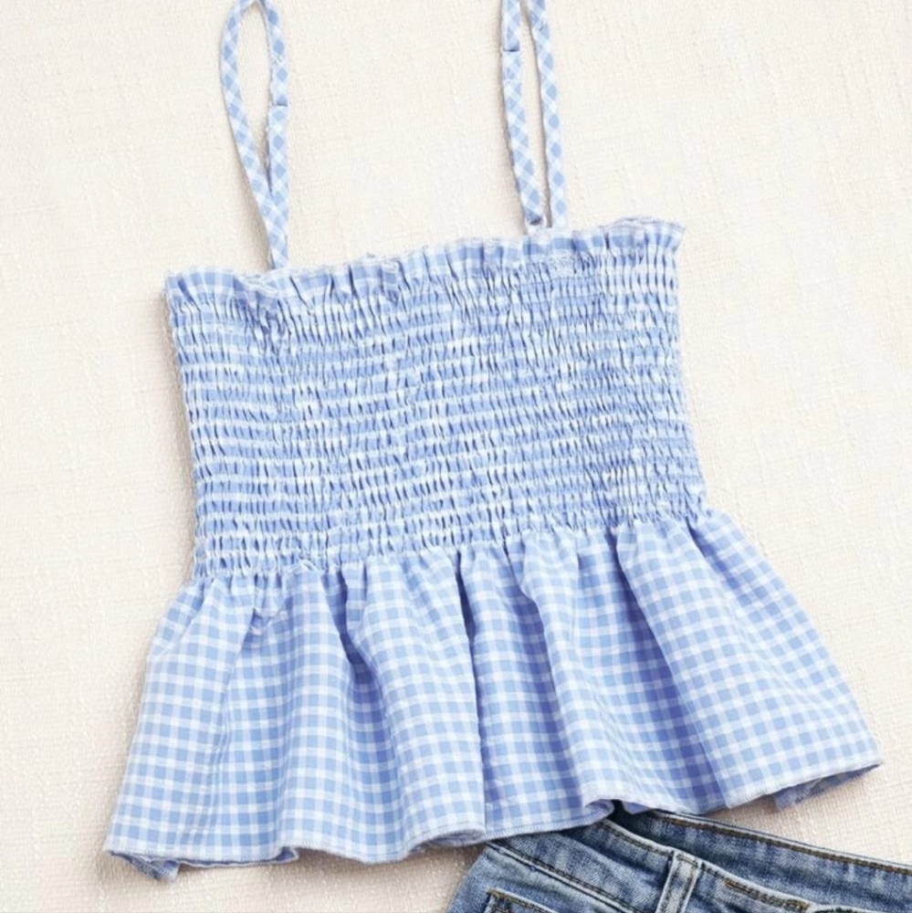 Blue gingham print babydoll top